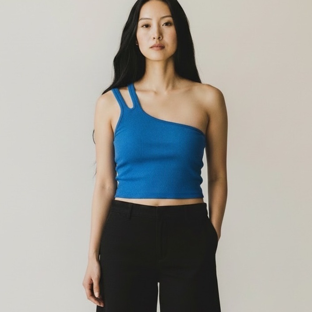 Zara Womens Blue Ribbed One Shoulder Double‎ Strap Crop Top XS-S Sporty Seamless